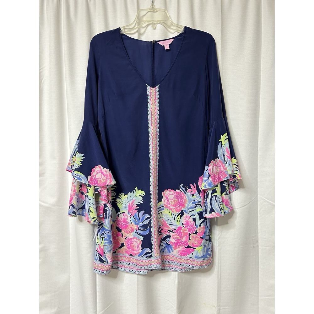 Lilly Pulitzer Rosalia Silk Dress Flare Sleeve Shift Blue Pink 4